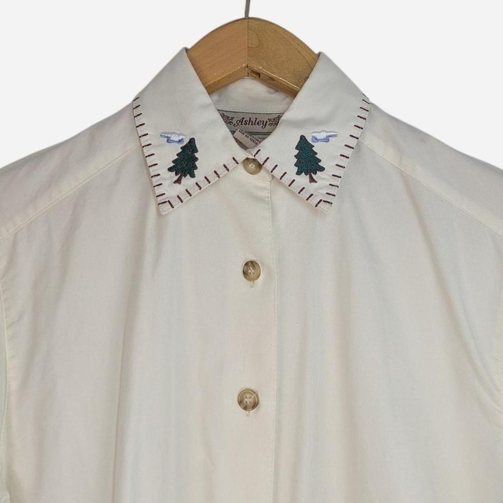Vintage Ashley Pine Tree Embroidered Collar Cotton Blouse Cream Size 6 - Picture 2 of 8